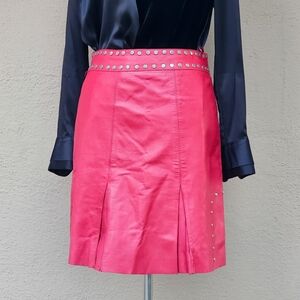 Italian Vintage Vivien Verona Red Leather Pleated & Studded A Line Skirt Sz 36